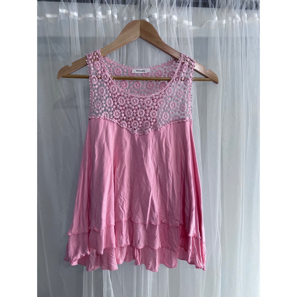 Persaya Pink Crochet Lace Yoke Tiered Ruffle Racerback Babydoll Tank Top Boho